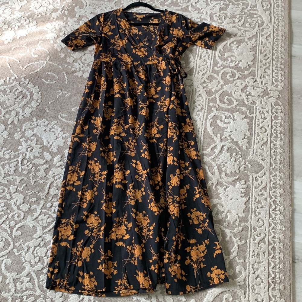 Shein wrap maxi floral dress black tan fall bump friendly maternity - Picture 12 of 13